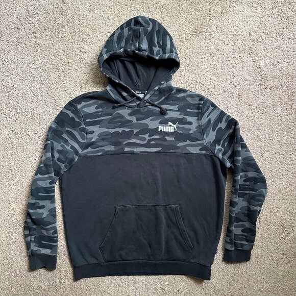 Puma Sweatshirt Mens Large Hoodie Pullover Grey Blue Camo Long Sleeve Pocket - Picture 1 of 11